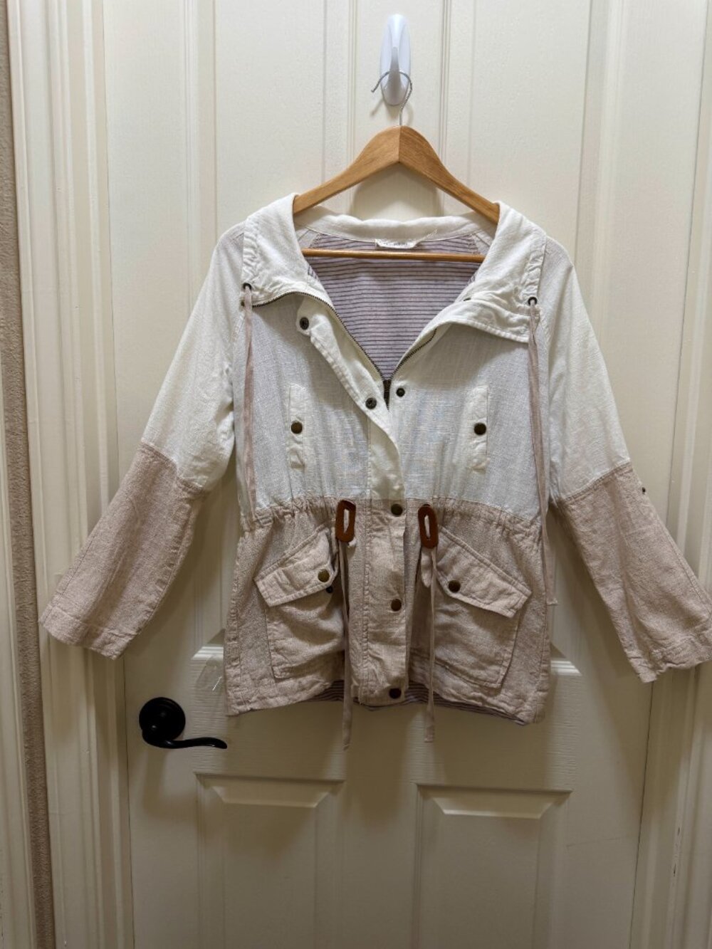 Blu Pepper Linen Cotton Blend Two Tone Utility Jacket Size S White Beige Boho